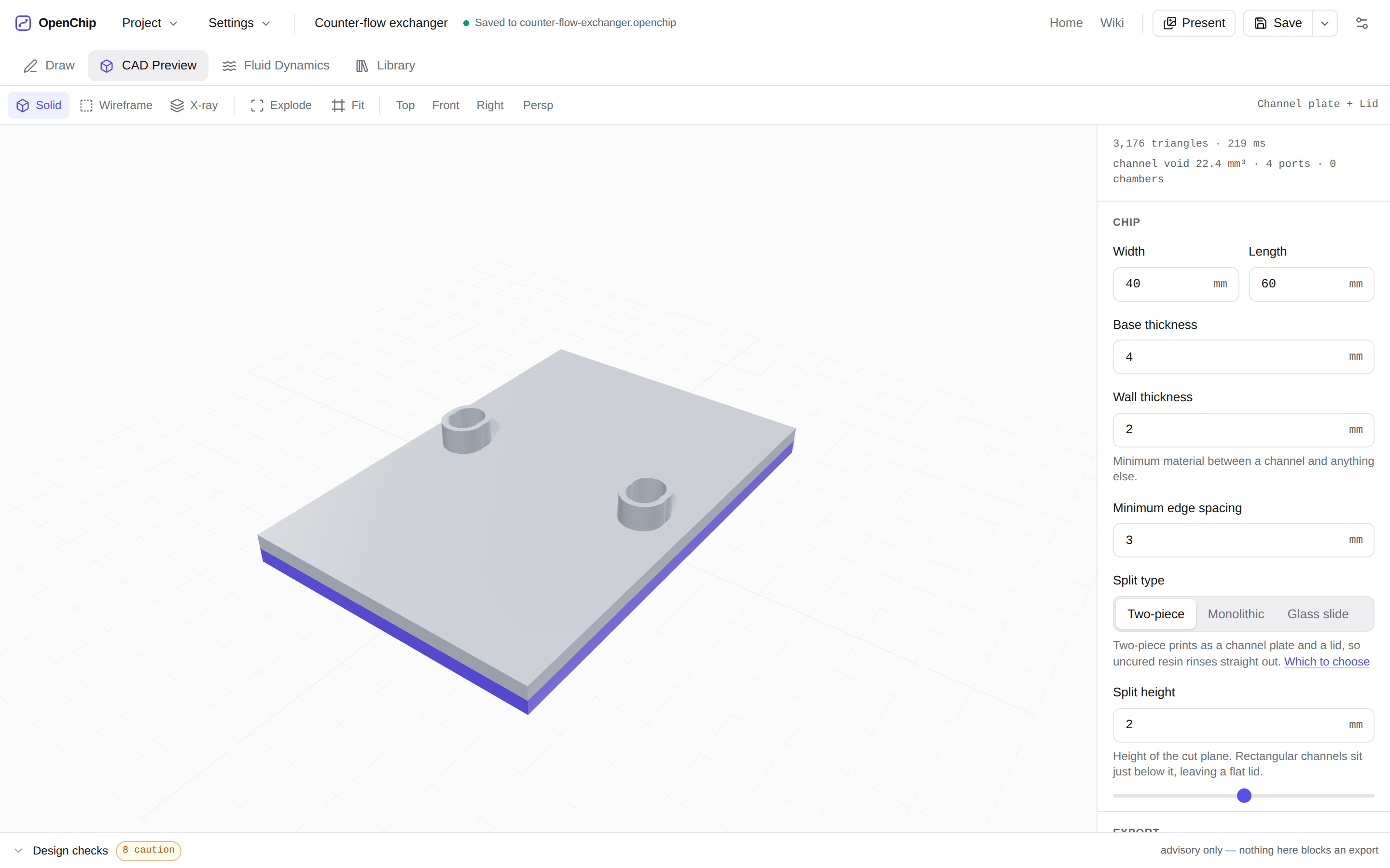 The same chip as a solid in the 3D preview, seen from a three-quarter angle: a 40 × 60 mm block with two luer port bosses, split into a channel plate and a lid, beside its live parameter panel.