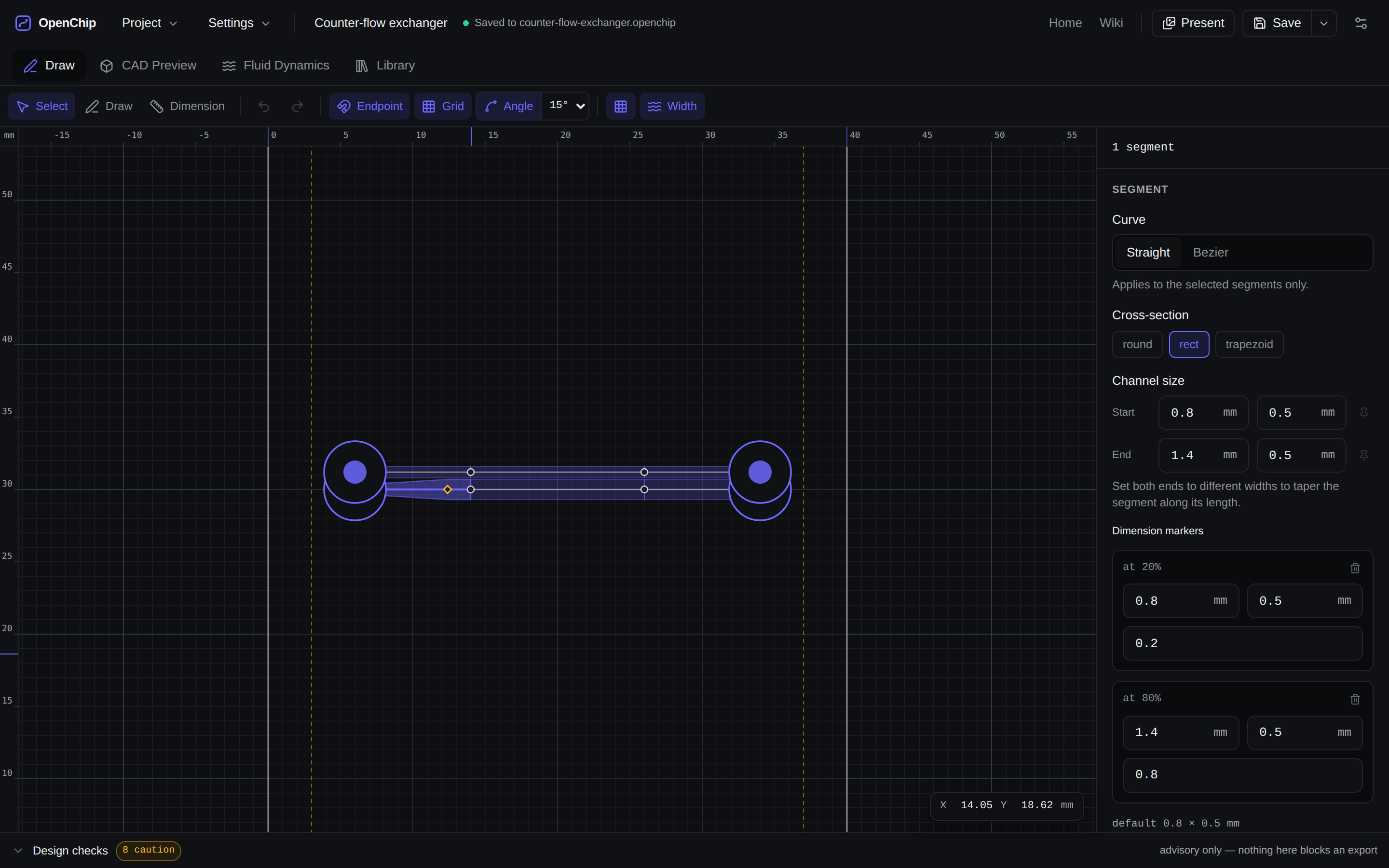 The Draw tab with a counter-flow exchanger open: two channels running in opposite directions 1.2 mm apart, with a selected segment lofting from 0.8 mm to 1.4 mm between two dimension markers, and the cursor position read out in millimetres in the corner of the canvas.