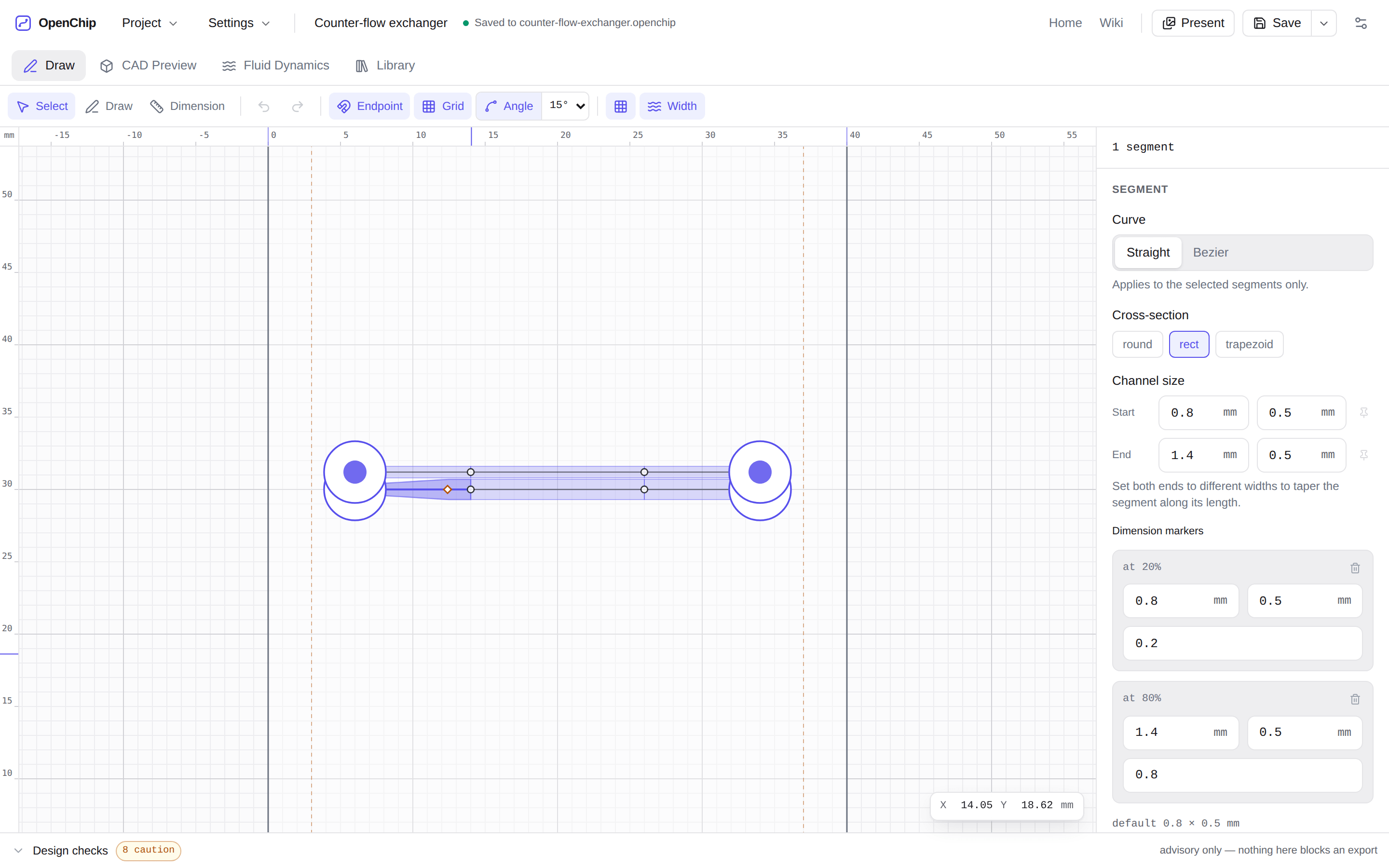 The Draw tab with a counter-flow exchanger open: two channels running in opposite directions 1.2 mm apart, with a selected segment lofting from 0.8 mm to 1.4 mm between two dimension markers, and the cursor position read out in millimetres in the corner of the canvas.